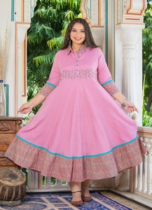 Women's <b>Plus</b> <b>Size</b> Polyester Anarkali Kurta Pink SOLID Embroidered Shirt Collar Three Quarter Sleeves Comfortable Wear - Product Image 1