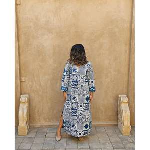 Robe longue maxi pour femme, bleue, imprimé patchwork, manches longues, style modeste, Kaftan Abaya ample, ethnique, bohème, vente en gros - Product Image 2