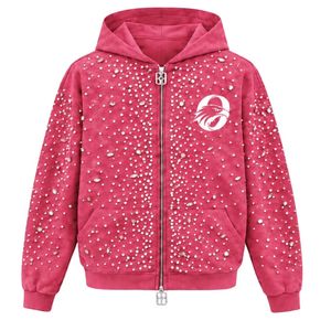 Rose <b>Pink</b> Pearl Zip Up <b>Hoodie</b> Luxury Crystal Studded Streetwear Jacket Long Sleeve Hooded Sweatshirt Casual Fashion Outerwe - Product Image 1
