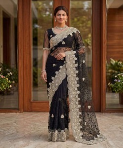 Sari en tissu fantaisie brodé avec perles et diamants, avec blouse non cousue 85054 NOIR - Product Image 1