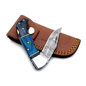 Handmade Damascus Steel Folding Knife with Colored Wood <b>Back</b> Lock Pocket Knife with Leather Sheath for Hunting Camping EDC Use - Product Image 4
