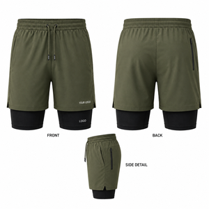 Men's Olive Green Double <b>Layer</b> Sport Shorts With Drawstring Waist And Side Pockets Quick Dry Fabric Custom Logo Front - Product Image 1