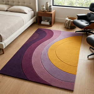 Alfombra Moderna Abstracta de Lana/Seda Hecha a Mano con Diseño Curvo de Bloques de Color - Alfombra de Látex Morado Mostaza para Hogar, Coche y Ejercicio - Product Image 1