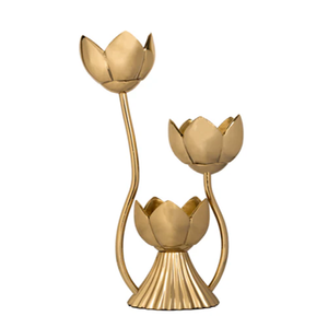 Classic polished gold three-arm <b>candelabra</b> featuring a refined, smooth minimalist silhouette available at wholesale price. - Product Image 2