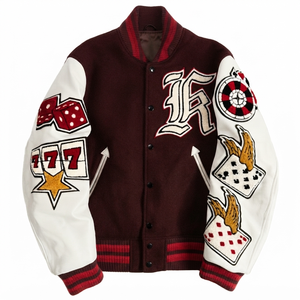 Chaqueta Varsity Blanca para Hombre con Bordado de Dados 777 y Parches de Cartas, Estilo Preppy, Ropa de Otoño - Product Image 3