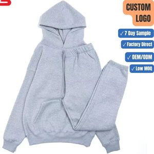 Conjunto de Sudadera con Capucha y Pantalones Deportivos Gris Jaspeado para Hombre, con Logotipo Personalizado, Traje Deportivo de Felpa Liso de 2 Piezas, Venta al Por Mayor OEM - Product Image 1