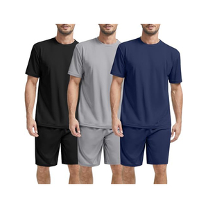 Ensemble t-shirt et short pour homme, couleur unie, séchage rapide, col rond, vêtements décontractés d'été, tissu tricoté en polyester et élasthanne - Product Image 6
