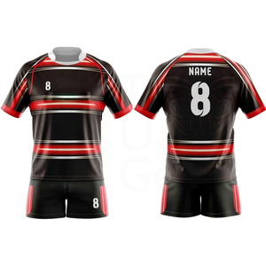 Unisex Black Red Striped Rugby Jersey Set Moisture Wicking Short Sleeve Uniform Athletic Fit All Seasons Sublimated Print Front - Product Image 3