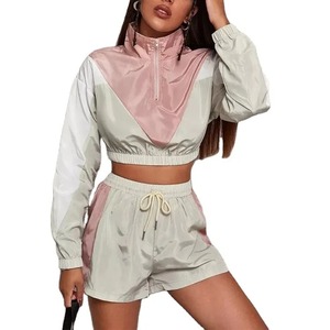 Ensemble coupe-vent pour femme, 2 pièces, à capuche, uni, respirant, écologique, avec demi-zip et short - Product Image 3