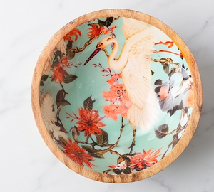 Bol de service moderne en bois avec imprimé floral cygne, intérieur en bois d'acacia, pour fruits et salades, usage domestique - Product Image 2
