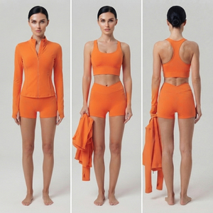 Women <b>Workout</b> 3 Piece Short Set Ladies Racerback Bra Turn Down Slim Crop <b>Jacket</b> Ladies Base Layer Shorts Gym Fitness 3 Piece Set - Product Image 5