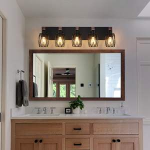 31\" Industrial Vintage 5-<b>Light</b> <b>Wall</b> Sconce Black Cage with <b>Wooden</b> Accents for Bathroom Hallway Living Room Bulb Not Included - Product Image 2