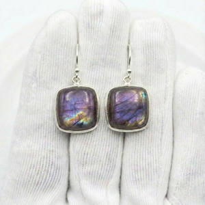 Handmade Solid 925 <b>Sterling</b> <b>Silver</b> Gemstone <b>Earrings</b> Bezel Setting Labradorite Square Boho Dangle <b>Drop</b> <b>Earrings</b> For Women - Product Image 2