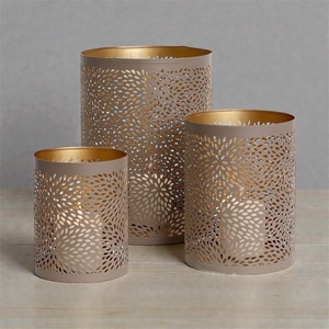 Cylinder Metal Candle Holders <b>Set</b> With Floral Cutout Design For Home Decoration - Product Image 3