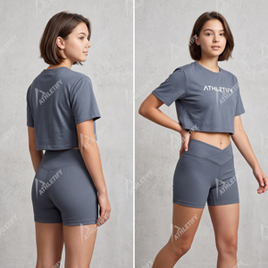 ชุดออกกำลังกายผู้หญิง เสื้อครอปท็อปผ้าริบ ชุดกางเกงขาสั้น ปรับแต่งได้ตามต้องการ ชุดกีฬาออกกำลังกาย รับผลิตแบรนด์ของลูกค้า ผู้ผลิตชุดออกกำลังกาย รับผลิตแบบ OEM ODM - Product Image 3