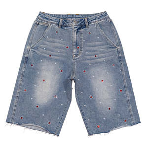 Pantalones Cortos de Mezclilla para Hombre al por Mayor, Vaqueros Rectos Vintage Personalizados con Dobladillo Retro y Pedrería, Jorts de Mezclilla Lavados al Ácido para Verano - Product Image 1