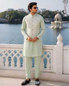 Designer <b>Mens</b> Wear Malai Satin <b>Kurta</b> And Malai Satin Payjama With Jacquard Koti Set - Product Image 1