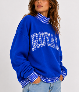 Wholesale Custom Women’s Turtleneck Pullover Sweatshirt Gingham Polka <b>Patchwork</b> Drop Shoulder Breathable Cotton <b>Top</b> - Product Image 3