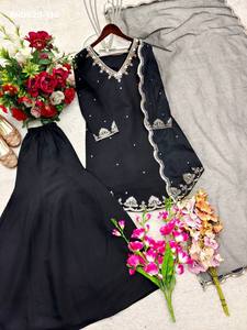 Nuevo conjunto de sharara y dupatta de seda romana con bordado y lentejuelas de 5 mm, color negro, proveedor de la India, moda femenina. - Product Image 5