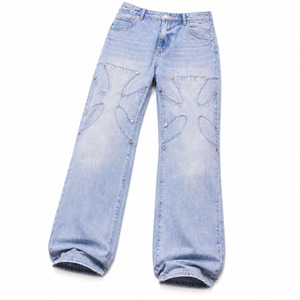 Jean large pour homme 2026 de haute qualité, personnalisé, écologique, coupe mi-haute, respirant, coupe-vent, en coton, délavage moyen, avec patchs légers - Product Image 1