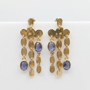 Gold Plated Brass Chandelier <b>Earrings</b>, <b>Blue</b> Iolite Gemstone Statement Pair Women's Party Jewelry - Product Image 1