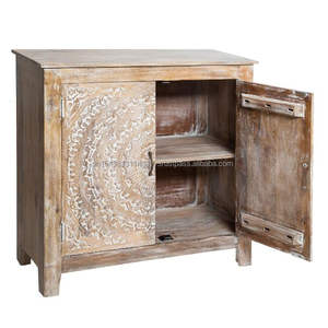 Buffet rustique en bois massif sculpté à trois tiroirs, rangement sculpté en bois de mangue, armoire de buffet, lingerie, commode - Product Image 1