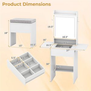"White Glass <b>Makeup</b> Vanity with LED Lighted <b>Mirror</b> 2 Drop Leaf Extension & Built-in Charging Station" - Product Image 3