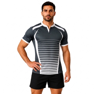 Maillot de rugby rayé gris et blanc pour homme, manches courtes, col en V, évacuation de l'humidité, coupe ajustée, toutes saisons - Product Image 1