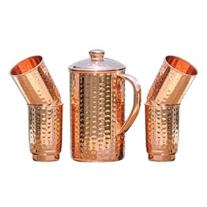 Ensemble de pichets à eau en cuivre pur avec gobelets - Pichet et tasses à boire en cuivre martelé artisanal, ensemble cadeau Ayurveda - Product Image 1