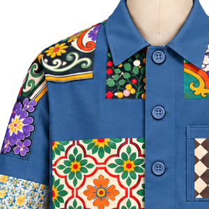 Chaqueta de Trabajo Azul Denim con Mosaico, Estampado Floral Colorido, Cierre de Botones, Estilo Casual Urbano, con Bolsillos Utilitarios - Product Image 6