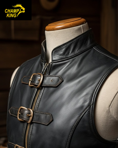 CHAMP KING Chaleco de cuero de vaca desgastado para hombre con solapas de doble botonadura - Product Image 2