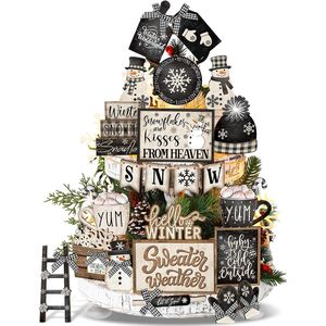 23 pièces de décorations de Noël et d'hiver en blocs de bois pour plateau à étages, avec motifs bonhomme de neige et style ferme, centres de table pour mariages - Product Image 1