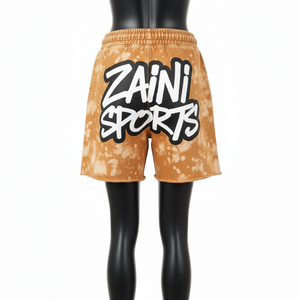 กางเกงขาสั้นผ้าฝ้ายฟลีซเนื้อนุ่ม 320 GSM ลุควินเทจสีคาราเมล ซักย้อมแบบแอซิดวอช พร้อมป้ายโลโก้แบบสั่งทำ - Product Image 2