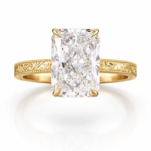 Radiant Cut <b>Diamond</b> Gold Promise <b>Ring</b> with Bezel Setting and Vintage Scroll Engraving Luxury Christian Wedding <b>Ring</b> - Product Image 1