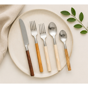 Ensemble de couverts en acier inoxydable attrayant avec manches en bois naturel, moderne, écologique, pour la maison, les dîners et les fêtes, meilleur prix - Product Image 6