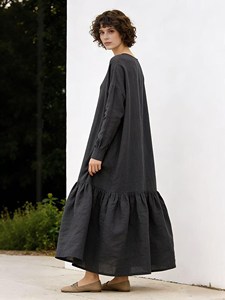 Vestido Maxi Bohemio Holgado para Mujer, Manga Larga, Algodón y Lino, Cuello Redondo, Estilo Casual Minimalista - Product Image 2