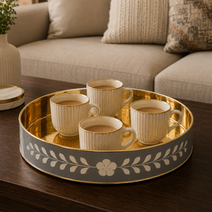 Bandeja Redonda de Lujo con Incrustaciones de Hueso |   Bandeja Decorativa Hecha a Mano para Servir Café y Té, Decoración Premium para el Hogar, Regalo para Bodas y el Hogar - Product Image 2