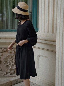 Women Black Plain Cotton Linen Maxi <b>Dress</b> With V-Neck <b>Loose</b> Fit 3/4 Sleeve Summer Casual <b>Dress</b> For Women - Product Image 3