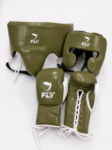 Fly Boxing Set Made Of Real Cowhide Leather <b>Green</b> Color Premium Quality Customized Logo Hook & Loop <b>Lace</b>-Up Non Slip Muay Thai - Product Image 1