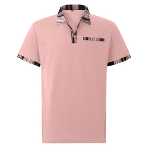 Polo à manches courtes pour homme, beige, style décontracté, col rayé, design avec poche - Product Image 3