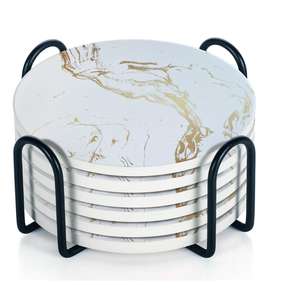 Marble Style <b>Ceramic</b> <b>Coaster</b> with Metal Holder for Tea Coffee & Dining Table Heat Resistant Drink for Home Office - Product Image 1