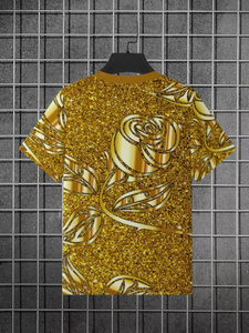 Camiseta de Manga Corta para Hombre con Estampado de Rosas Doradas Brillantes, Cuello Redondo, Corte Regular, Diseño Floral Informal, Tejido de Poliéster - Product Image 5