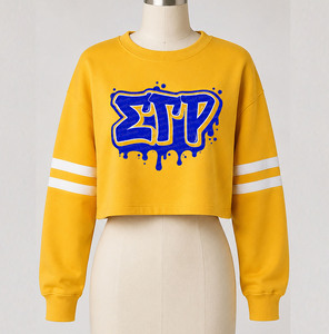 Sudadera Corta Amarilla para Mujer con Letras Sigma Tau Rho en Azul, Manga Larga, con Capucha, Tejida en Algodón, Forrada, Estilo Y2K, para Invierno - Product Image 1