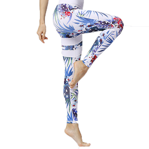 High Waist Print <b>Leggings</b> <b>Women</b> Full Length Stretch Knitted Sporty Yoga Pants Summer Wear White Base With Blue <b>Red</b> Pattern - Product Image 3