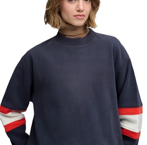 <b>Women's</b> Winter Navy Crewneck <b>Sweatshirt</b> 3D Embroidery Custom Logo Red <b>White</b> Sleeve Stripes Front Design 100% Cotton Streetwear - Product Image 4