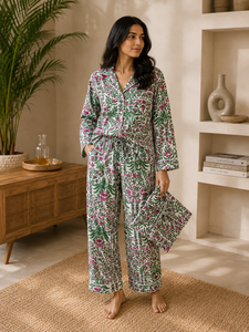 Conjunto de Pijama de Algodón Floral de Verano Ecológico para Mujer, Ropa de Dormir con Estampado Indio, Rosa y Verde, 3 Piezas, con Botones - Product Image 2