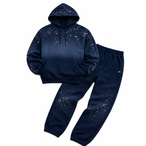 Conjuntos de Sudadera con Capucha y Pantalones Jogger de Lujo Azul Marino con Pedrería, Chándal de Forro Polar Oversize Estilo Urbano, Fabricante Mayorista OEM ODM de Marca Privada - Product Image 4