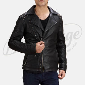 Veste de motard en cuir noir clouté de qualité supérieure pour homme, en peau de mouton véritable, style punk rock, coupe ajustée, manches matelassées - Product Image 1