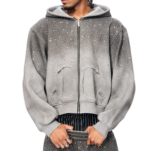 Sudadera con capucha y cremallera Glory para hombre, de algodón 100%, estilo urbano, con efecto desgastado y rotos, color rosa, con pedrería - Product Image 6