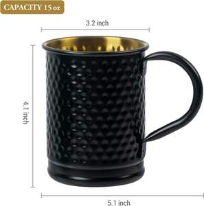 Juego de Tazas Moscow Mule de 18 oz, Metal Martillado Negro Mate, Doble Pared, Antiderrames, Ecológicas, Interior Dorado, para Cócteles - Product Image 6